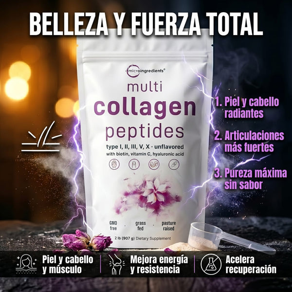 Collagen Peptides Multi, colágeno hidrolizado tipos I, II, III, V y X en polvo sin sabor, 450 g