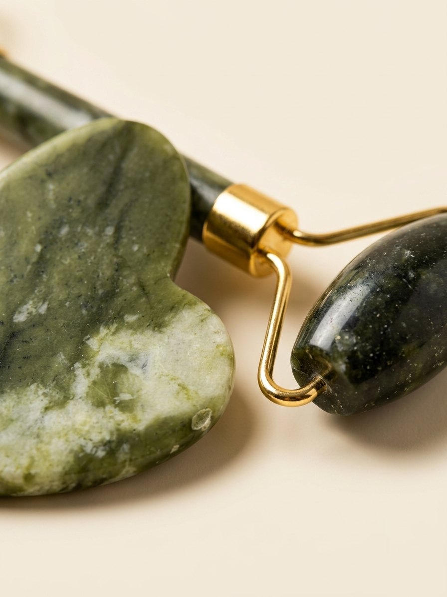 Detalle del veteado natural de la gua sha de jade verde y el cabezal del rodillo con herraje dorado