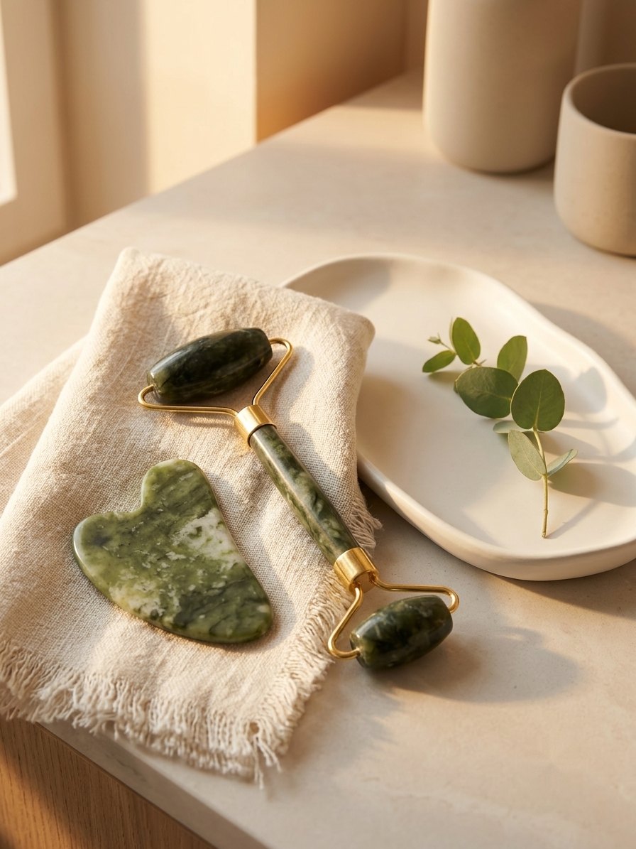 Set de jade verde sobre toalla de lino junto a bandeja de cerámica, ambiente de ritual