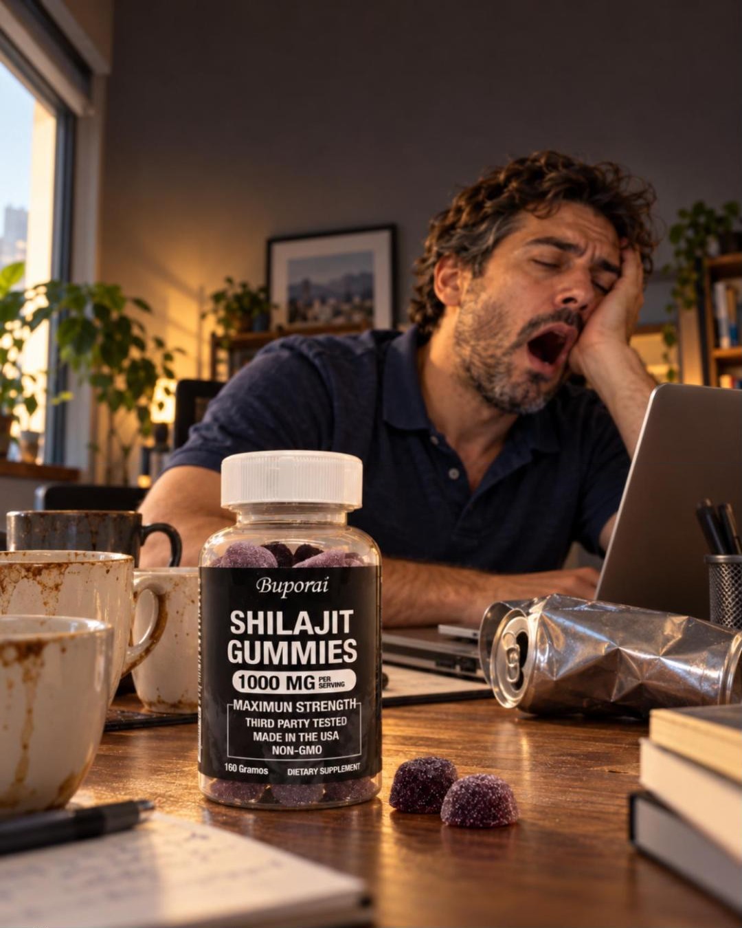 Hombre agotado a las 4 de la tarde frente al computador, con tazas de café vacías y el frasco de gomitas de shilajit